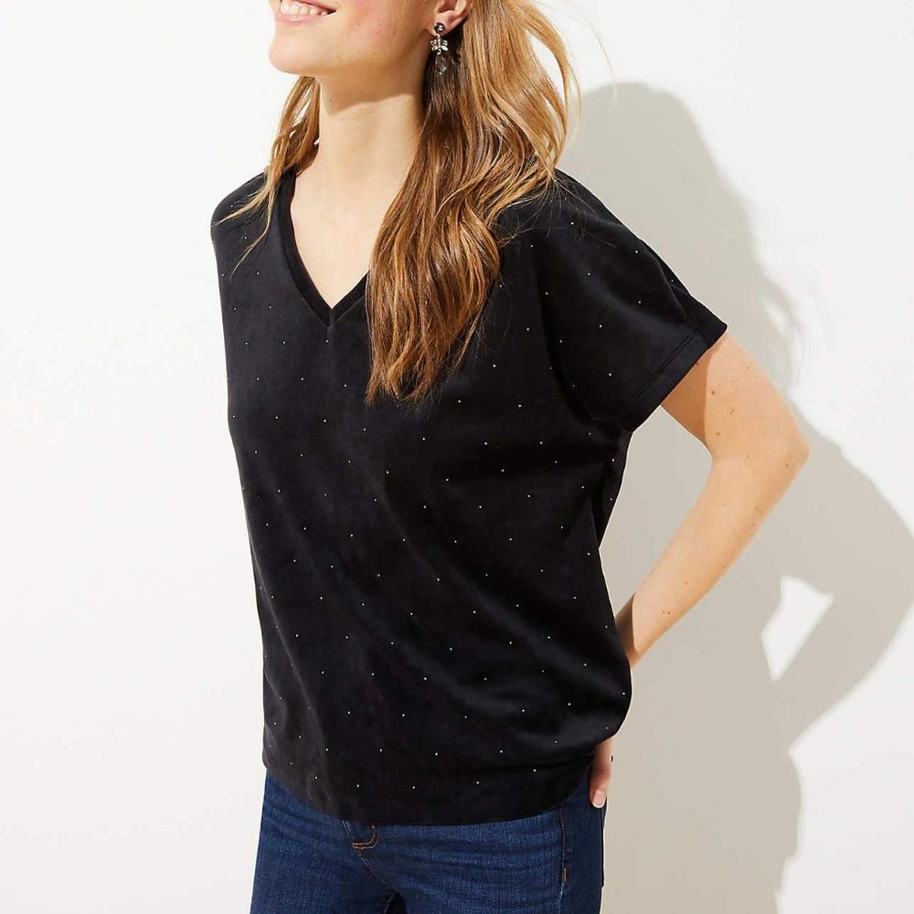 Loft Black Velvet Studded V-Neck Top Tee Blouse